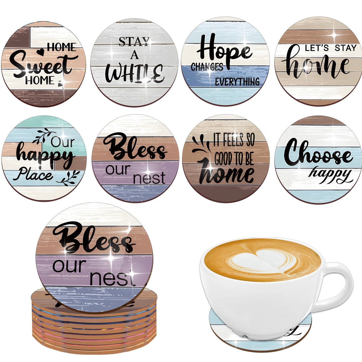 Set of 8 Decorative Wooden Coasters with English Print