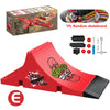 A red skateboard park set featuring ramps and rails, along with skateboard parts like trucks and wheels.