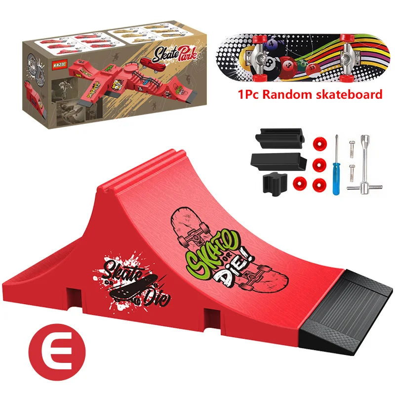 A red skateboard park set featuring ramps and rails, along with skateboard parts like trucks and wheels.