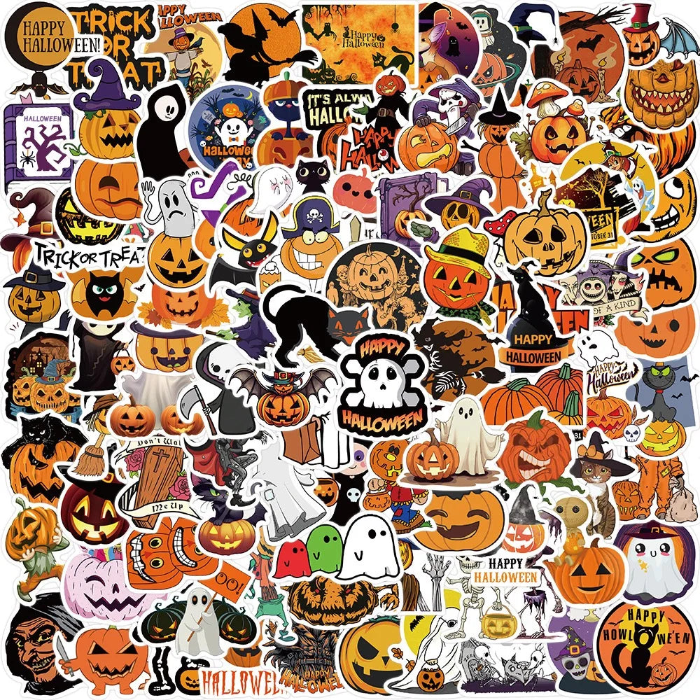 A collection of Halloween themed waterproof stickers featuring pumpkins, ghosts, witches, and spooky characters.