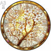 A circular wooden puzzle featuring a white flowering tree with bright yellow light radiating from the branches.