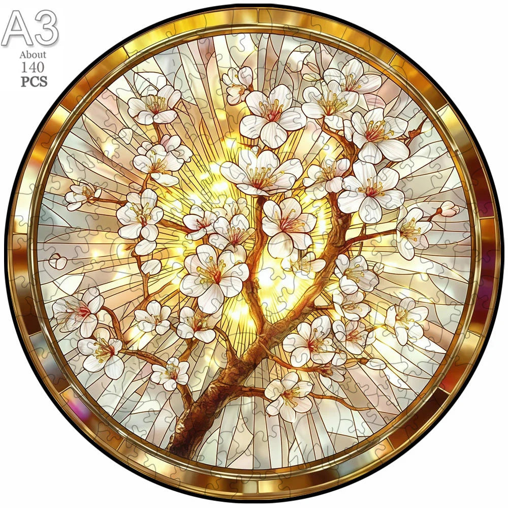 A circular wooden puzzle featuring a white flowering tree with bright yellow light radiating from the branches.