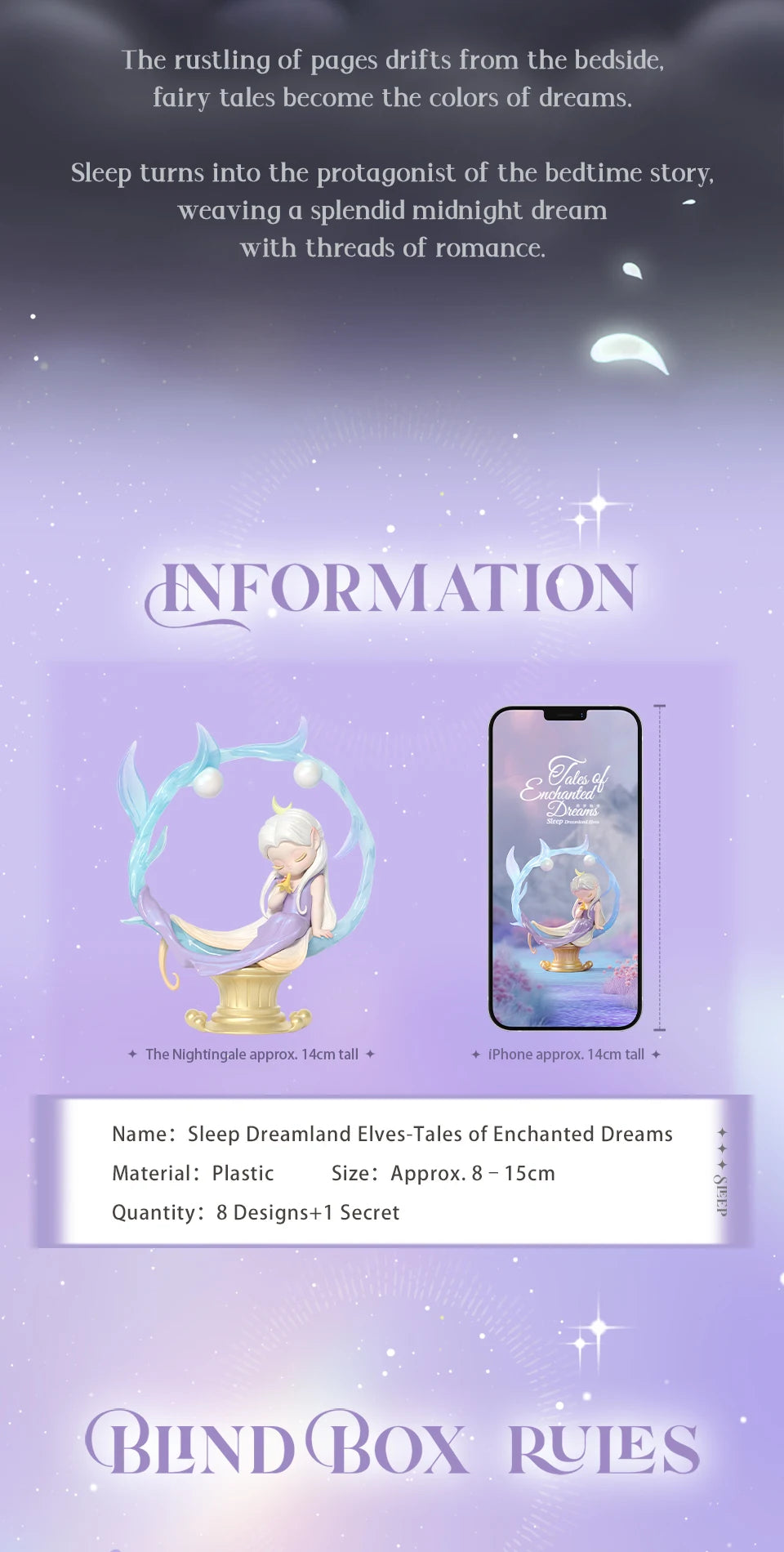 A purple and white graphic featuring a description of sleep, dreams, and romance, alongside an illustration of a fairy figure