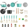 A collection of kids pretend play kitchen items including pots, pans, utensils, and food items like eggs and vegetables.