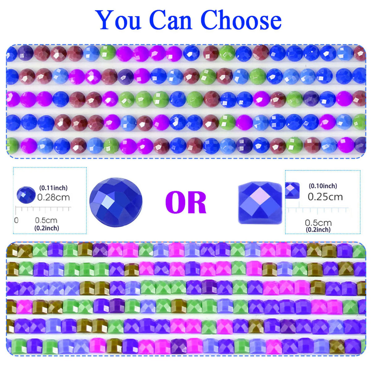 A selection of colorful round and square gemstones for a diamond painting kit featuring various shades of blue, purple, pink,
