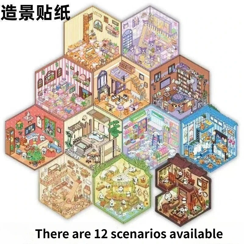 A collection of 12 miniature 3D house scene stickers for journaling and scrapbooking