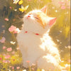 A fluffy orange and white cat is lying down in a sunny field surrounded by pink and yellow wildflowers with butterflies flyin