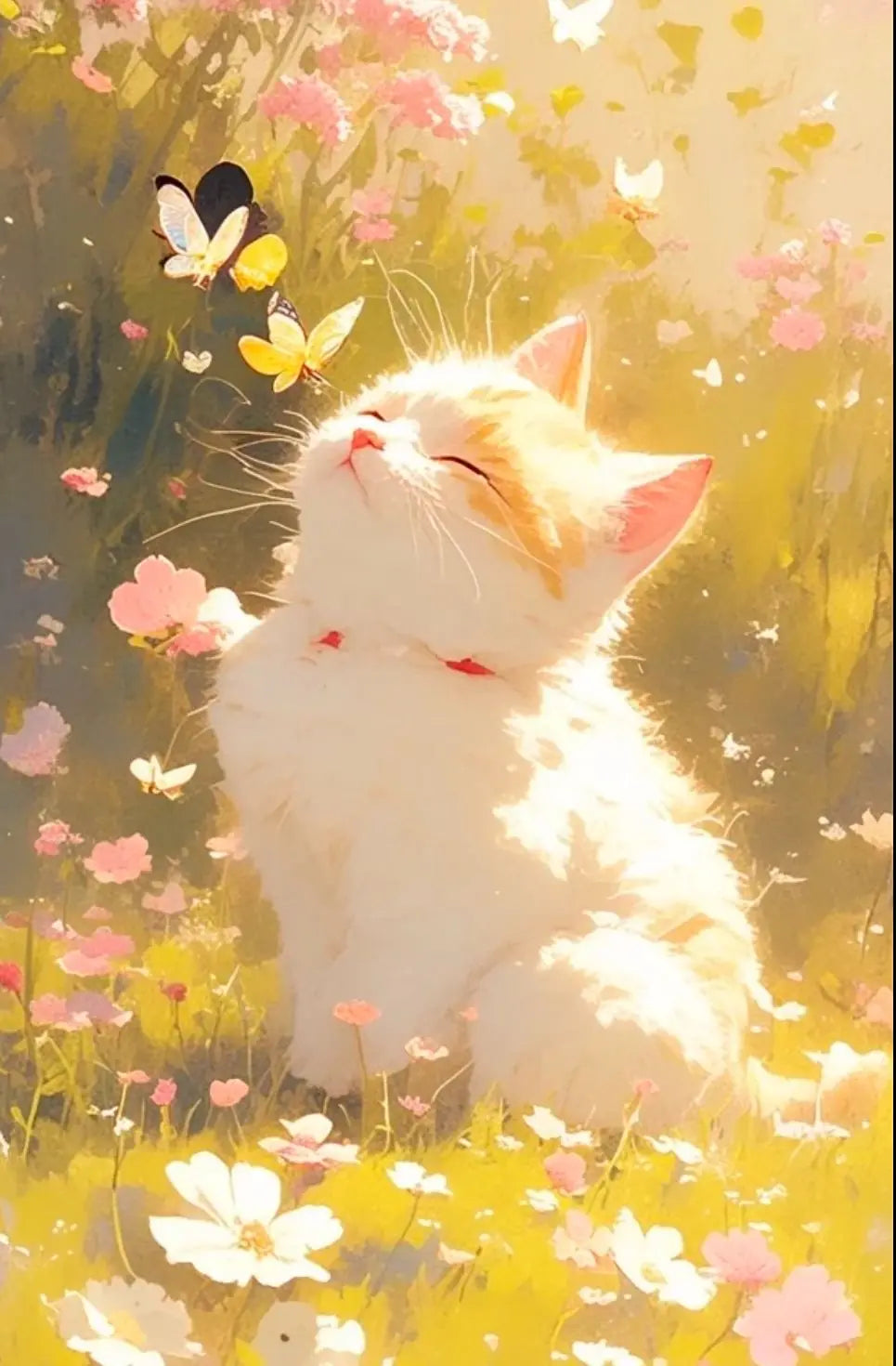 A fluffy orange and white cat is lying down in a sunny field surrounded by pink and yellow wildflowers with butterflies flyin