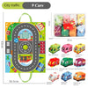 A set of 9 soft fabric car toys with a map game mat and storage bag featuring various colored vehicles.
