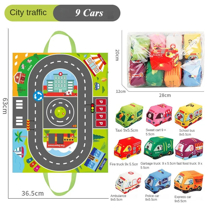 A set of 9 soft fabric car toys with a map game mat and storage bag featuring various colored vehicles.