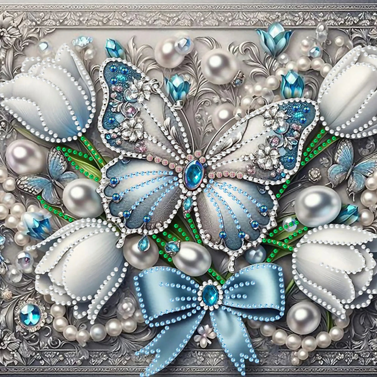 A diamond art kit featuring white and blue floral designs with pearl accents and a blue bow.