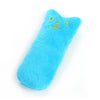 A bright blue interactive catnip plush toy shaped like a cat, featuring a yellow nose.