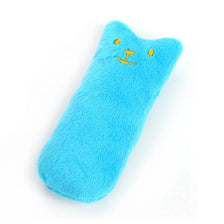 A bright blue interactive catnip plush toy shaped like a cat, featuring a yellow nose.