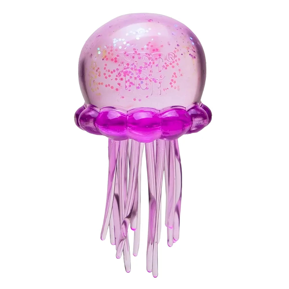 A translucent pink jellyfish sensory fidget toy with purple tentacles and glitter accents.