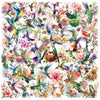 A vibrant watercolor illustration of various hummingbirds and colorful flowers.