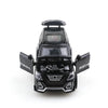 A black 1:36 scale die-cast metal SUV toy with opening doors and pull-back action.