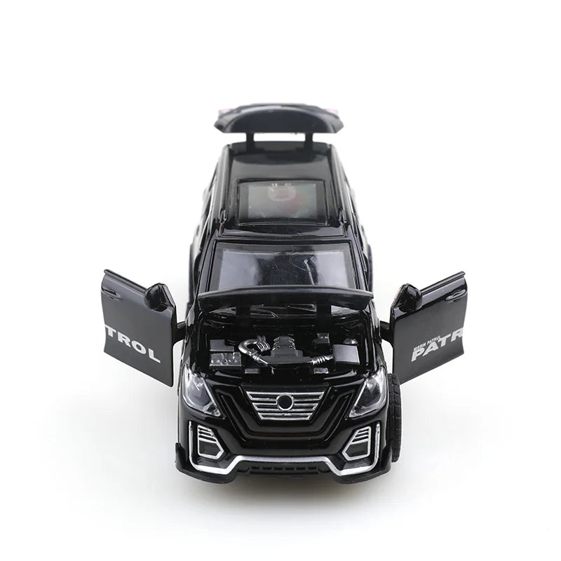 A black 1:36 scale die-cast metal SUV toy with opening doors and pull-back action.