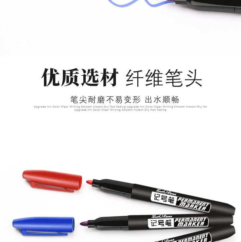 A set of six permanent fine-tip markers in red, black, and blue are displayed on a white background.