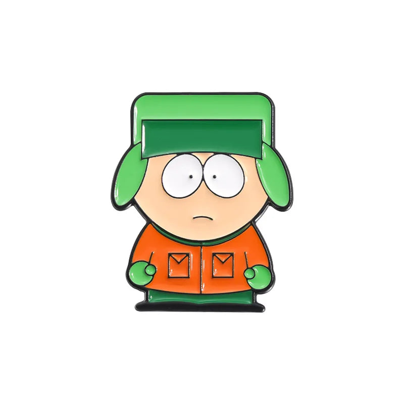 A cute cartoon enamel pin featuring a character wearing a green cap and an orange jacket.