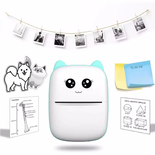 A white portable Bluetooth thermal photo printer is shown with examples of printed photos and geometry diagrams.