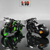 A black and green die-cast motorcycle model in 1:10 scale, shown from multiple angles.