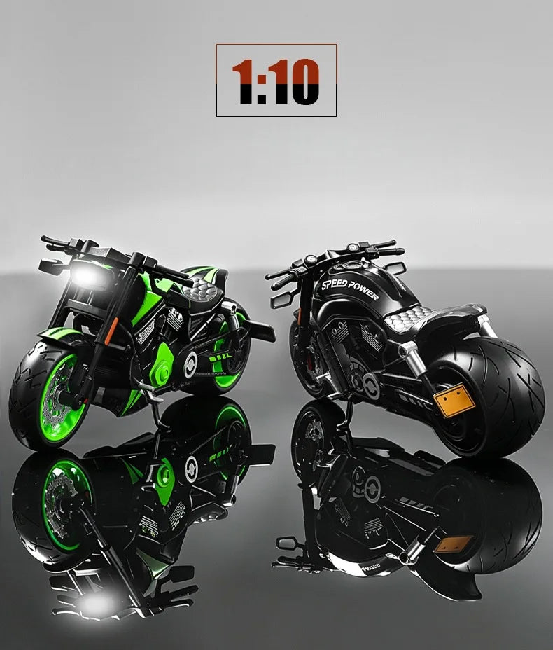 A black and green die-cast motorcycle model in 1:10 scale, shown from multiple angles.