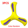 Three yellow foam boomerang flying discs with purple accents shown from above