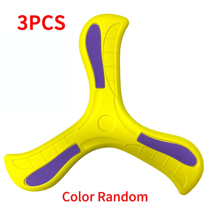 Three yellow foam boomerang flying discs with purple accents shown from above