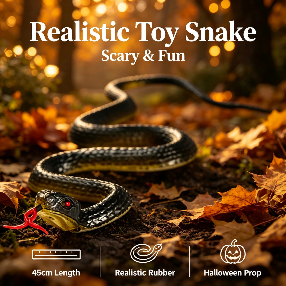 Realistic toy snake prop with a head and body lying on autumn leaves.