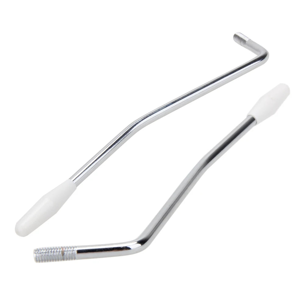 A silver replacement tremolo arm for an electric guitar, featuring a white handle and threaded end.