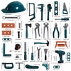 A collection of various tools and construction items including screwdrivers, pliers, and other repair instruments for a kids'