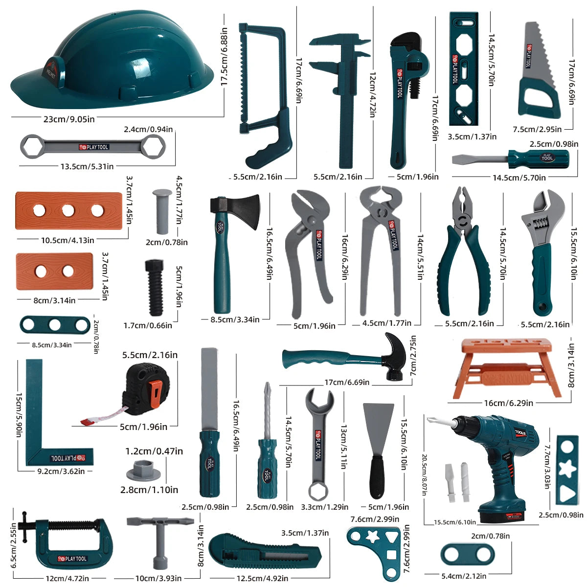 A collection of various tools and construction items including screwdrivers, pliers, and other repair instruments for a kids'