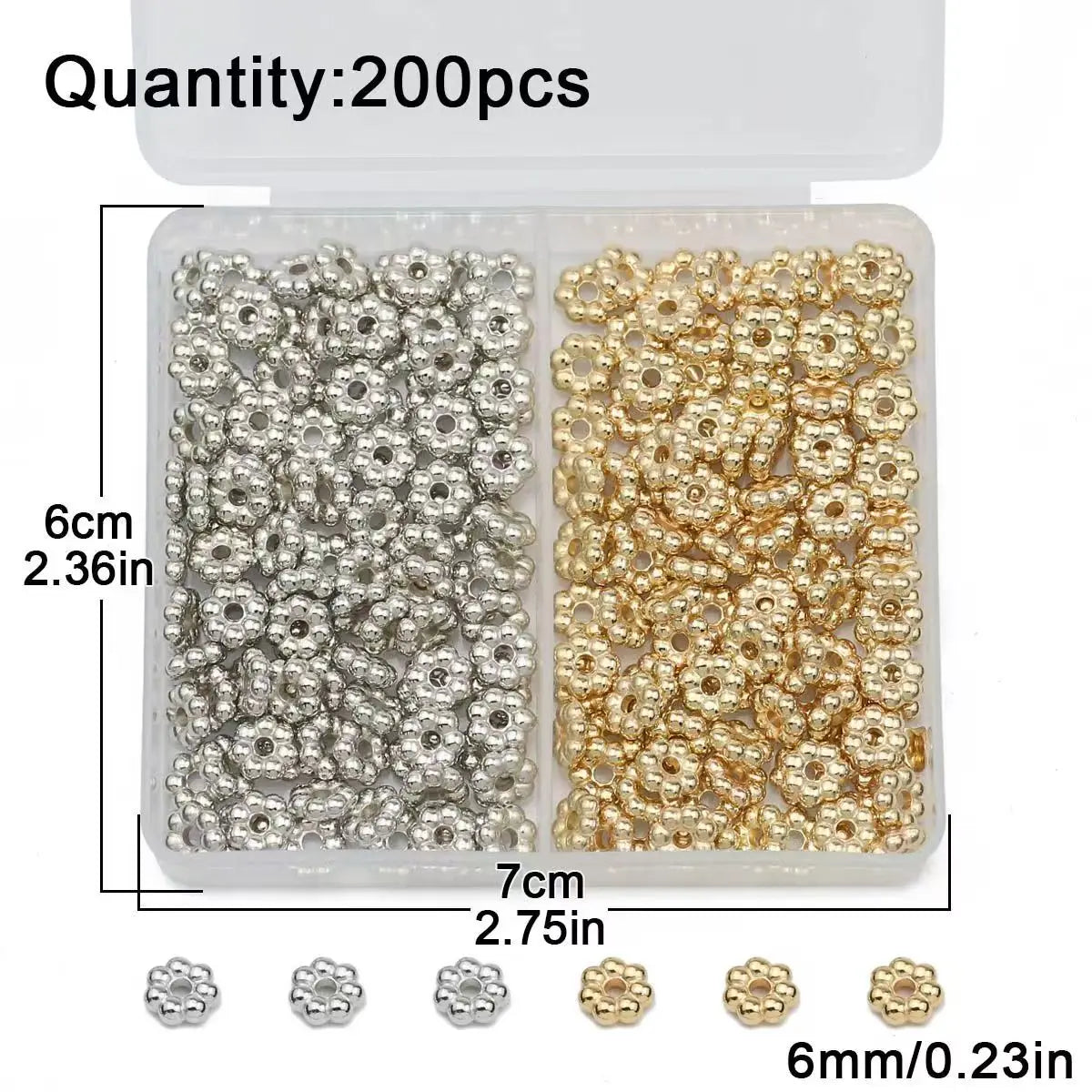A clear plastic container holds 200 silver and gold snowflake spacer beads for jewelry making.