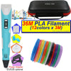 A blue 3D printing pen with an LCD display, a carrying case, and spools of colored PLA filament.