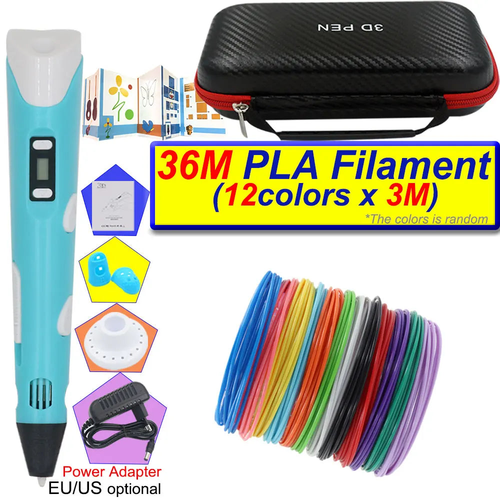 A blue 3D printing pen with an LCD display, a carrying case, and spools of colored PLA filament.