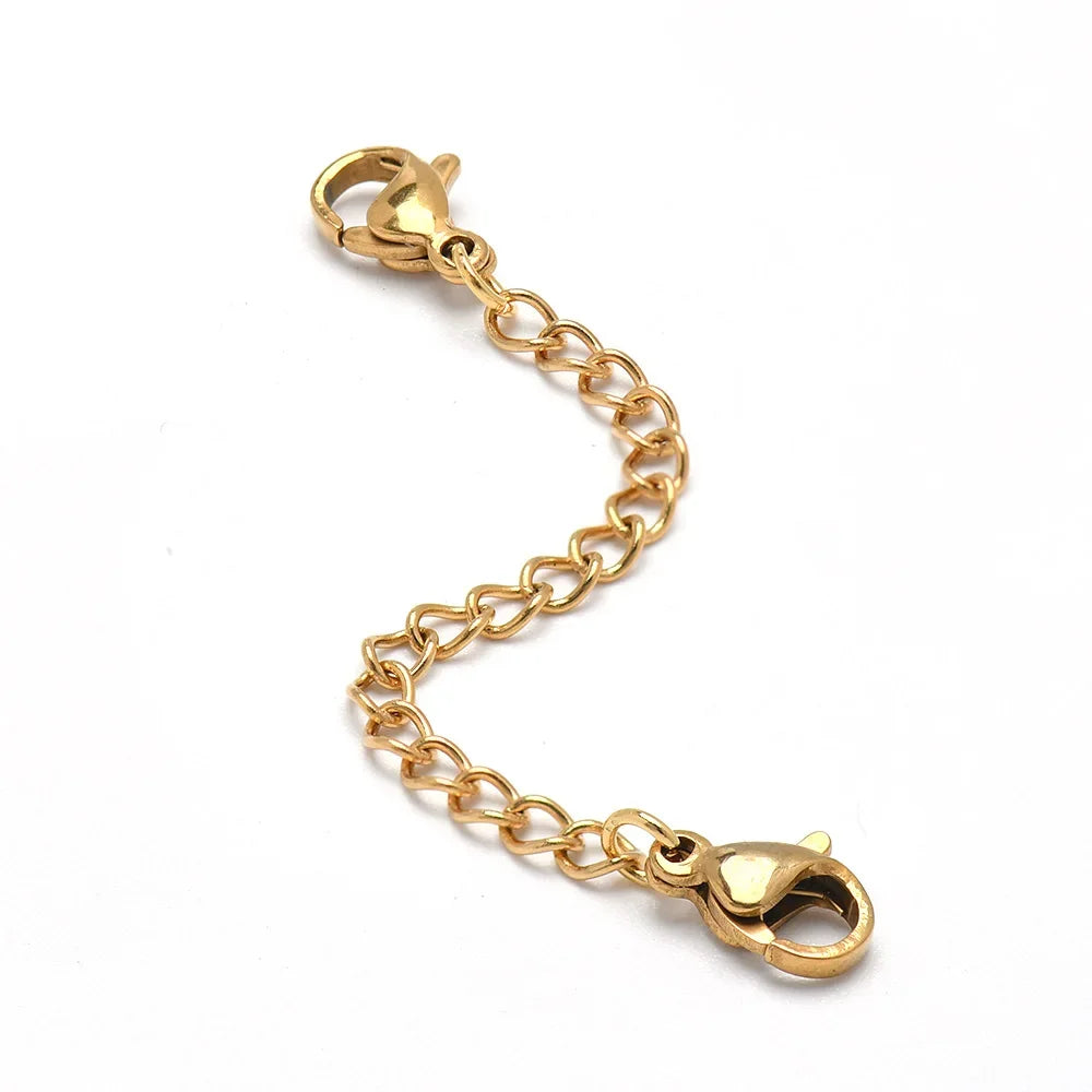 A gold-colored stainless steel jewelry extender chain with a clasp and jump rings.