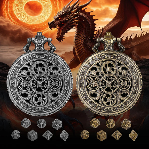 Vintage Pocket Watch Style Dice Set with 7 Polyhedral Metal Dice