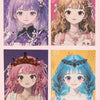 A collection of four anime-style girls with various hair colors and outfits, featuring purple, brown, pink, and blue tones.