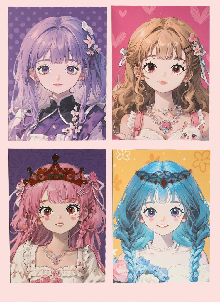A collection of four anime-style girls with various hair colors and outfits, featuring purple, brown, pink, and blue tones.