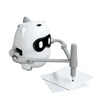A white interactive dinosaur drawing robot with goggles is shown next to a piece of paper.