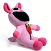 A pink plush doll resembling a cat with large ears and a black muzzle, featuring a red apple accessory.