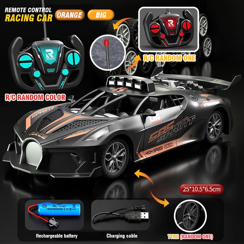 A black and orange R/C racing car with a high-speed skin, along with its remote control, battery, and tire.