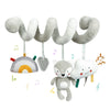 A set of gray spiral elephant sensory toys with a rainbow and cloud shapes for babies.