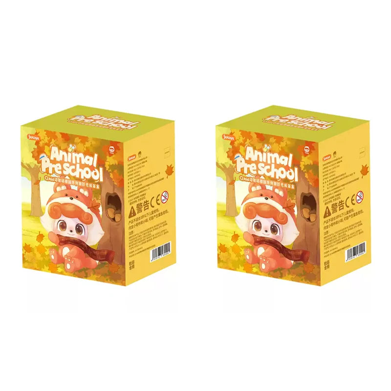 A yellow box for the Animal Preschool plush blind box series featuring a cute orange and white animal character.