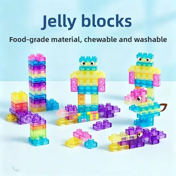 Blocs de gelée colorés de différentes formes et tailles, empilés et dispersés pour le jeu sensoriel