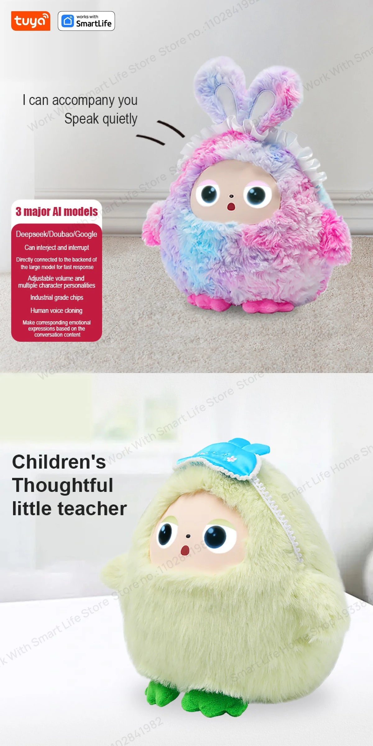 A fluffy pink plush robot with large eyes is shown next to a green plush version, demonstrating an interactive voice-controll