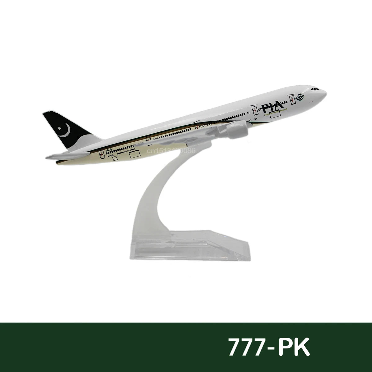 A white diecast model of a Boeing airplane with black markings and tail fin, displayed on a clear stand.