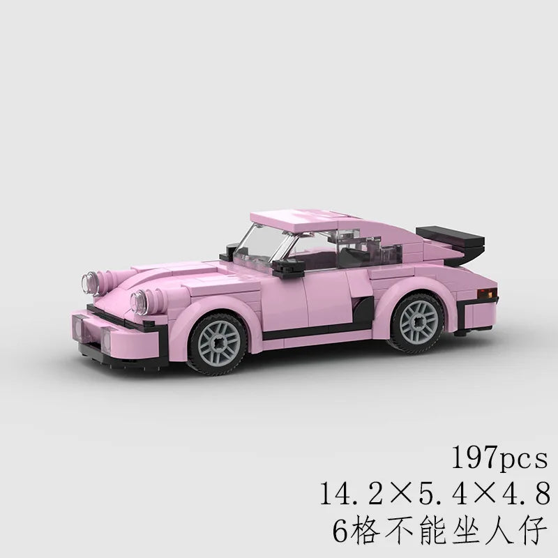 A pink classic rally car building block set with black accents and a transparent roof.