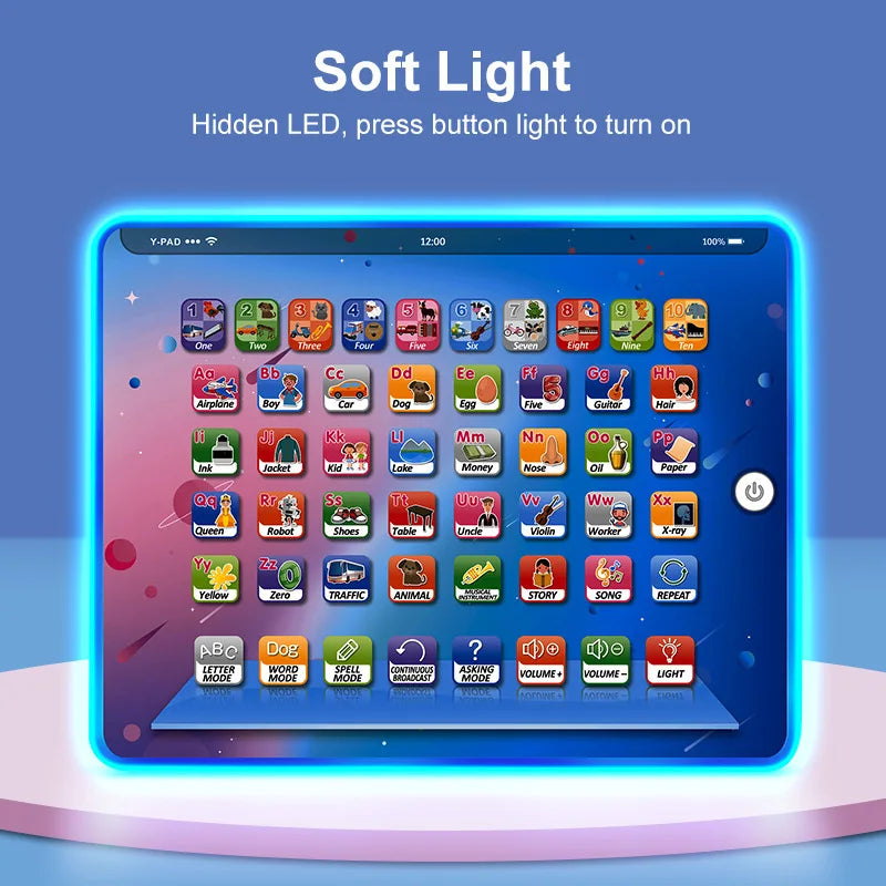 A tablet screen displaying colorful educational icons for learning words, numbers, and music with a soft light glow.
