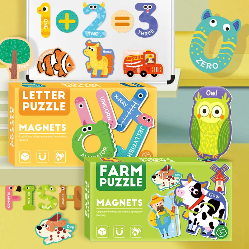 A set of educational puzzles featuring letters, numbers, and animals made of magnets for children.